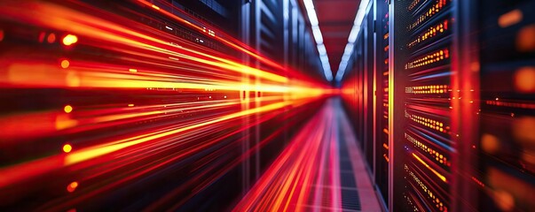 Dynamic light trails in a server room, with red and orange hues rushing towards the viewer, front view Emphasizes the speed of data transfer Advanced tone Analogous Color Scheme