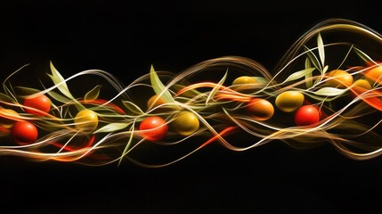 Wall Mural - Abstract photo of glowing yellow, orange and red spheres with green leaves on a black background.