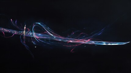 Sticker - A glowing katana sword with light trails behind it, set against a black background.