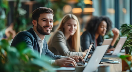 Canvas Print - Smiling Coworkers Using Laptops