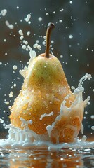 Poster - A yellow pear submerged in milk, with splashes and bubbles coming up from the milk.