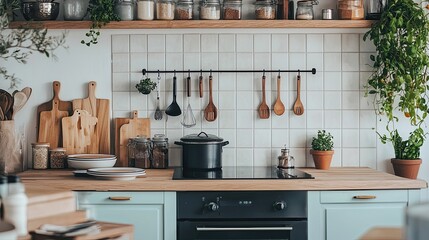 Wall Mural - Kitchen interior with wooden utensils on countertop in modern kitchen