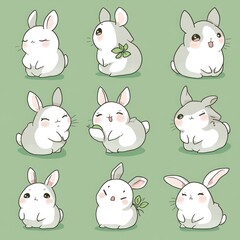 Canvas Print - Nine cute cartoon bunnies with different expressions, poses and accessories isolated on a green background.