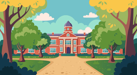 School building vector illustration. Cartoon style school with autumn or spring landscape, cityscape. Front yard with green trees,