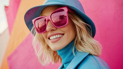 Fashionable happy smiling blonde woman wearing trendy pink sunglasses, turtleneck, blue leather bucket hat, fuchsia color coat, posing on colorful background. Close up outdoor portrait