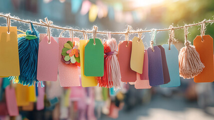 A colorful line of tags hanging on a line. The tags are of different colors and sizes.