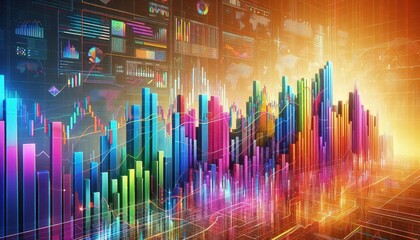 Bar charts with many colors going up and down for stock market investment or bright colorful banking charts