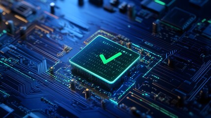 Wall Mural - Close-up of a glowing green check mark on a microchip on a blue circuit board, symbolizing computer security and safe technology.