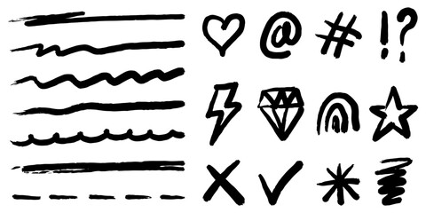 Poster - Bold brush Hand drawn doodle style collection of heart, scribble, star, check mark, spirals, rainbow, hashtag, lightning, and emphasis element. use for concept design.