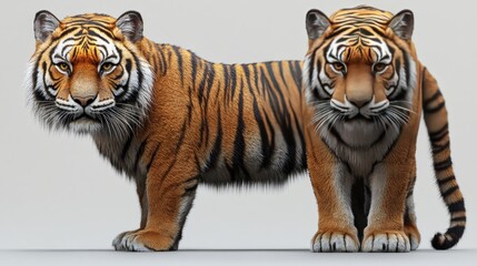 Canvas Print - Two tigers, one standing behind the other, looking towards the camera, against a white background.