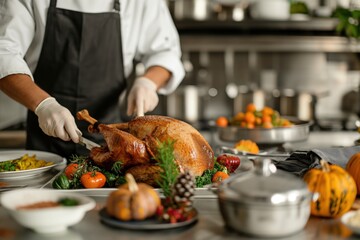 Chef wearing gloves is slicing a roasted turkey surrounded by pumpkins, vegetables and autumn decoration for thanksgiving dinner