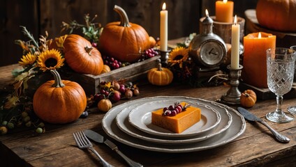 Fall table setting for Thanksgiving day or family gathering dinner. Plates, silverware, floral and fruits decoration, candles and pumpkins over rustic wooden table background