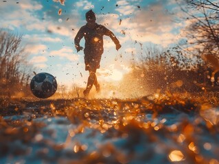 Wall Mural - A child kicks a soccer ball while running through autumn leaves at sunset in a park