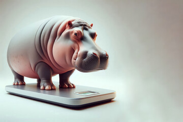 Hippopotamus standing on floor scales. Space for text.