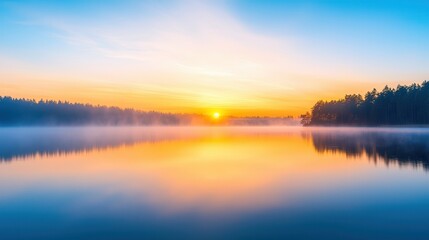 Sticker - Sunrise over a Misty Lake.