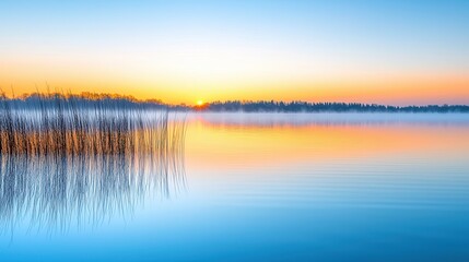 Wall Mural - Sunrise over a Misty Lake.