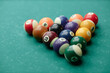 © Seventyfour - Close-up of colorful billiard balls arranged in triangle on green pool table for game setup with numbers visible