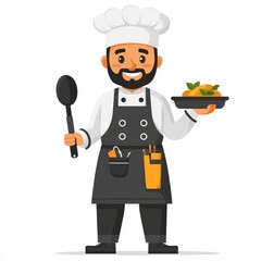 Happy Chef Holding a Plate of Food and a Ladle