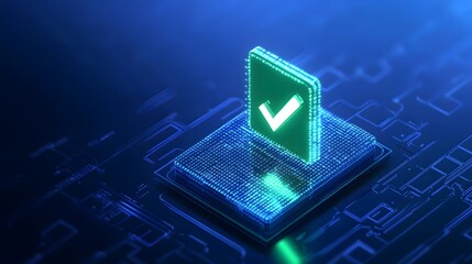 Futuristic digital verification process concept with a glowing checkmark on a microchip in a blue technology background.