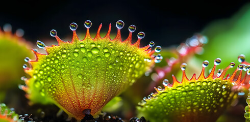 Wall Mural - Close-Up View of Venus Flytrap Leaves With Dew Drops