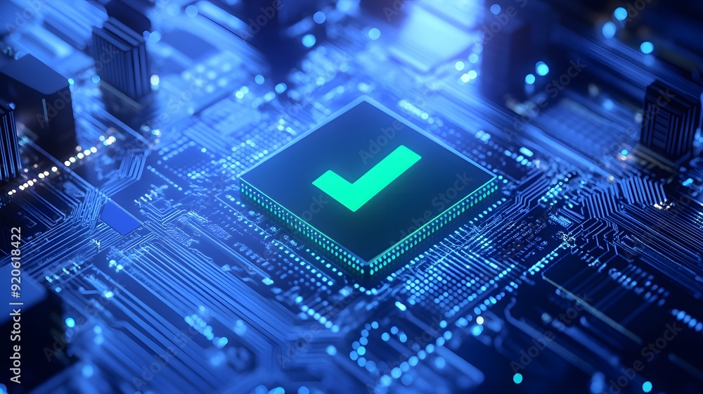 High-tech circuit board with a glowing green checkmark, symbolizing ...