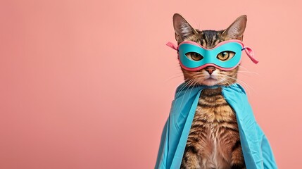 Adorable cat in clothes on a pink background with a blue superhero mask and cape