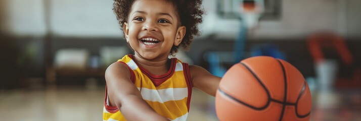 Young child smiling brightly while holding a basketball in an indoor sports setting, showing their excitement and energy for the game.