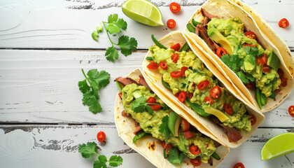 Delicious Tacos Filled with Guacamole, Meat, and Veggies