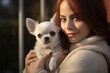 © John Martin - Redhead girl with chihuahua in her arms. Outdoors.