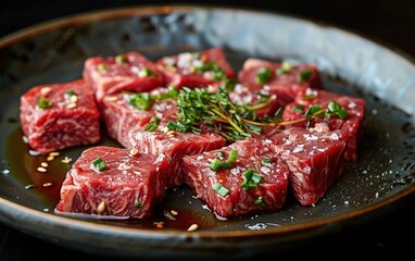 Wall Mural - Red raw meat pieces on a wooden board
7