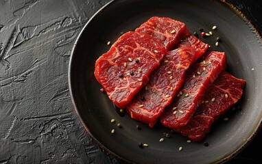 Wall Mural - Red raw meat pieces on a wooden board
6