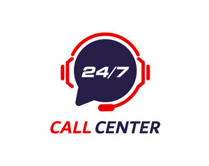 Poster - Call center, customer support service symbol. Isolated vector icon of dark speech bubble with headset, symbolizing noctidial hotline communication, assistant help and live interaction with clients