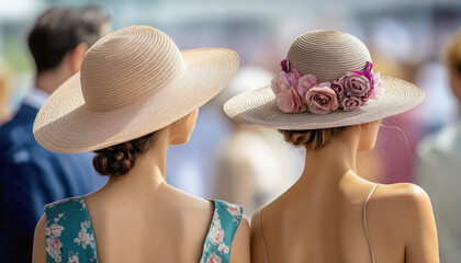 Two elegant women wearing summer hats attending a social event