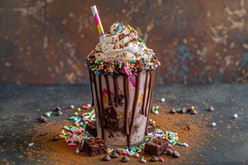 Indulgent Monster Shake with Whipped Cream and Sprinkles - Perfect for Dessert Menus, Advertising, and Social Media Content