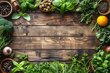 Wall Mural - Healthy Fresh Herbs and Vegetables on Rustic Wooden Table for Kitchen Design, Cooking Inspiration, Food Blog