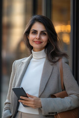 Wall Mural - Successful businesswoman holding smartphone standing confidently