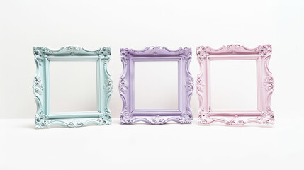 Aesthetic group of pastel empty vintage picture frames on white background. Invitation creative idea. Generative AI