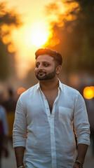 Wall Mural - Young handsome man in white shirt walking on street. sunlight on background