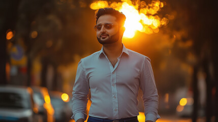 Wall Mural - Young handsome man in white shirt walking on street. sunlight on background