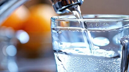 Poster - A glass of water is being poured from a faucet. The water is clear and the glass is half full