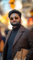 Wall Mural - young handsome man in long suit and sunglasses standing confidently outdoor