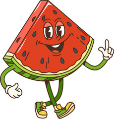Leinwandbilder - Retro cartoon groovy watermelon fruit slice character with happy face, vector funky comic. Groovy watermelon slice walking with funny smile on summer vacations and relax, kids groovy fruit character