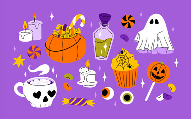 Wall Mural - Cute Halloween set. Funny pumpkin, kawaii ghost, bat, web, broom, coffin. October holiday design elements, stickers, cat in witch hat, skull. Isolated kids childish flat graphic vector illustrations