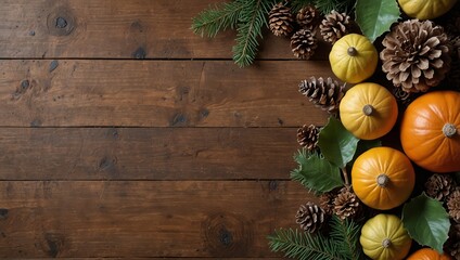 Top down view of Natural wood Table top with leaves, Gourds and Pine cones