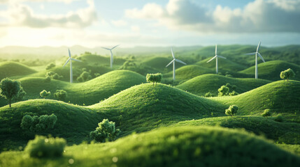 Wall Mural - 3D rendering of cartoon green hills, a few wind turbines on the hills