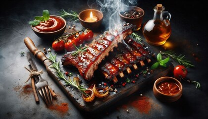 A beautiful image of Grilled pork ribs with sauce, spices and rosemary, restaurant decoration food. Stock photography