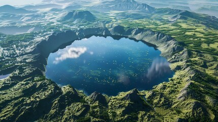 Wall Mural - Aerial view of a caldera lake formed in an extinct volcano, showing its unique ecosystem