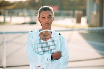 Poster - Tennis, portrait and woman with racket at court for outdoor exercise, training and tournament. Serious, athlete and sports player with equipment in fitness for and competition, practice and workout