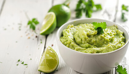 Fresh Guacamole with Lime on White Table, Isolated