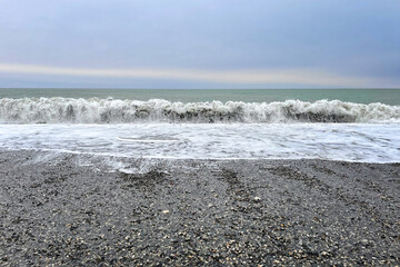 Wall Mural - ocean wave, nature background with sky, stone and cloud